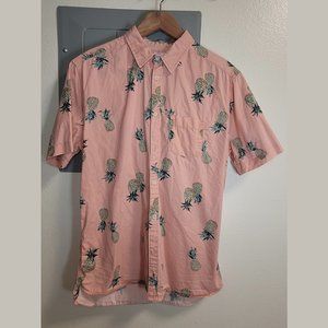 Urban Outfitters S Button Short Sleeve Shirt, Pink w/ Pineapple Print, Cotton